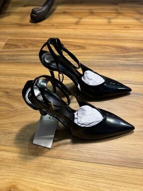 Zara Black Patent Pointed-Toe Slingback Heels with Ankle Straps